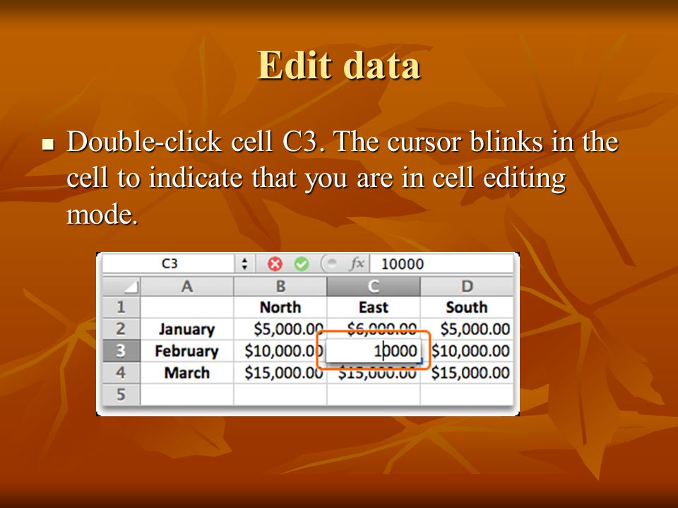 Edit data Double-click cell C3.