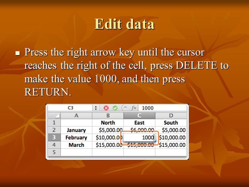 Edit data Press the right arrow key until the cursor reaches the right of the cell, press DELETE to make the value 1000, and then press RETURN.
