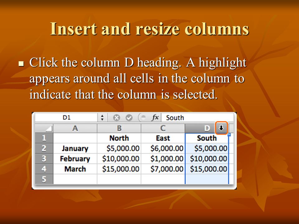 Insert and resize columns Click the column D heading.