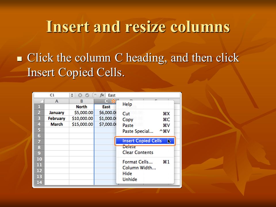 Insert and resize columns Click the column C heading, and then click Insert Copied Cells.
