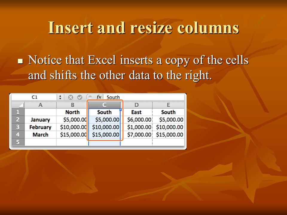 Insert and resize columns Notice that Excel inserts a copy of the cells and shifts the other data to the right.
