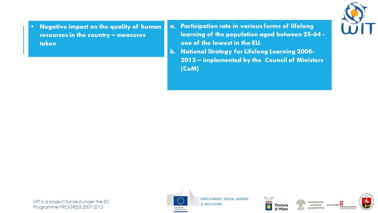 WIT is a project funded under the EC Programme PROGRESS Negative impact on the quality of human resources in the country – measures taken a.Participation rate in various forms of lifelong learning of the population aged between one of the lowest in the EU.