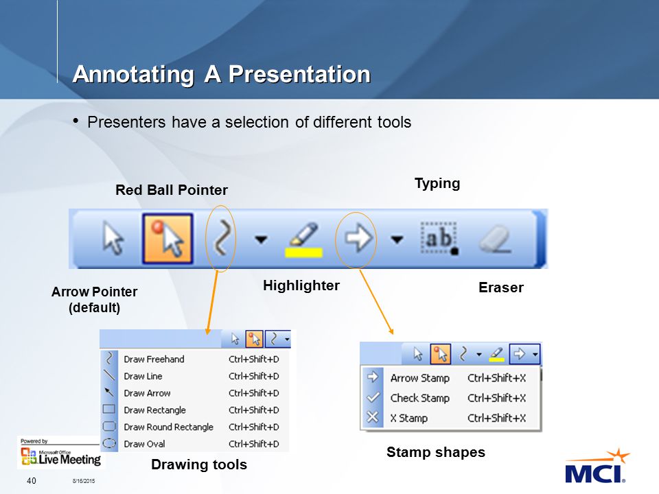 8/16/ Annotating A Presentation Presenters have a selection of different tools Arrow Pointer (default) Red Ball Pointer Drawing tools Highlighter Stamp shapes Typing Eraser