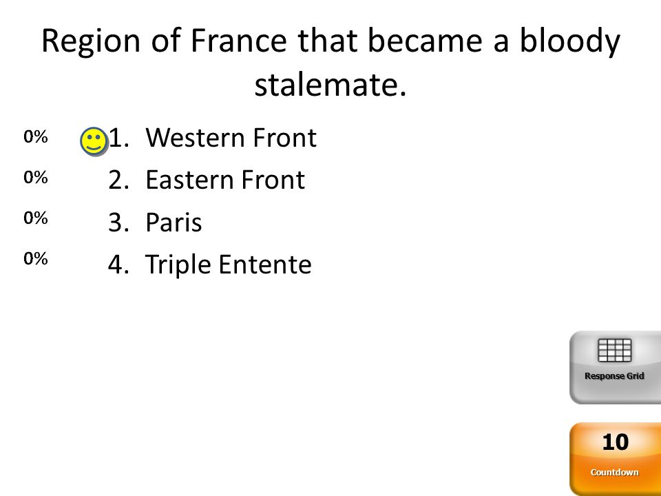 Alliance that included France, Great Britain, and Russia 1.Triple Entente 2.Triple Alliance 3.Allies 4.Central Powers Response Grid Countdown 10