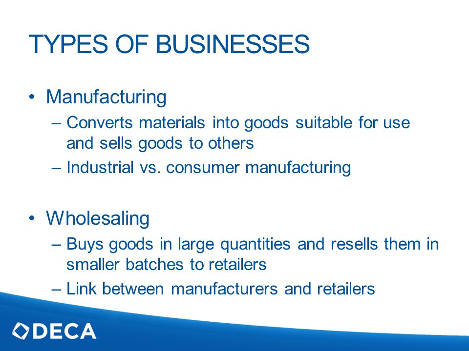 TYPES OF BUSINESSES Manufacturing –Converts materials into goods suitable for use and sells goods to others –Industrial vs.