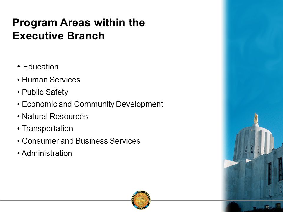 Program Areas within the Executive Branch Education Human Services Public Safety Economic and Community Development Natural Resources Transportation Consumer and Business Services Administration