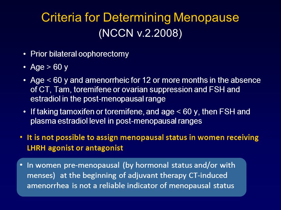 Criteria for Determining Menopause (NCCN v ) Prior bilateral oophorectomy Age > 60 y Age < 60 y and amenorrheic for 12 or more months in the absence of CT, Tam, toremifene or ovarian suppression and FSH and estradiol in the post-menopausal range If taking tamoxifen or toremifene, and age < 60 y, then FSH and plasma estradiol level in post-menopausal ranges It is not possible to assign menopausal status in women receiving LHRH agonist or antagonist In women pre-menopausal (by hormonal status and/or with menses) at the beginning of adjuvant therapy CT-induced amenorrhea is not a reliable indicator of menopausal status