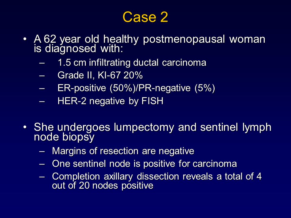 Case 2 A 62 year old healthy postmenopausal woman is diagnosed with:A 62 year old healthy postmenopausal woman is diagnosed with: – 1.5 cm infiltrating ductal carcinoma – Grade II, KI-67 20% – ER-positive (50%)/PR-negative (5%) – HER-2 negative by FISH She undergoes lumpectomy and sentinel lymph node biopsyShe undergoes lumpectomy and sentinel lymph node biopsy –Margins of resection are negative –One sentinel node is positive for carcinoma –Completion axillary dissection reveals a total of 4 out of 20 nodes positive