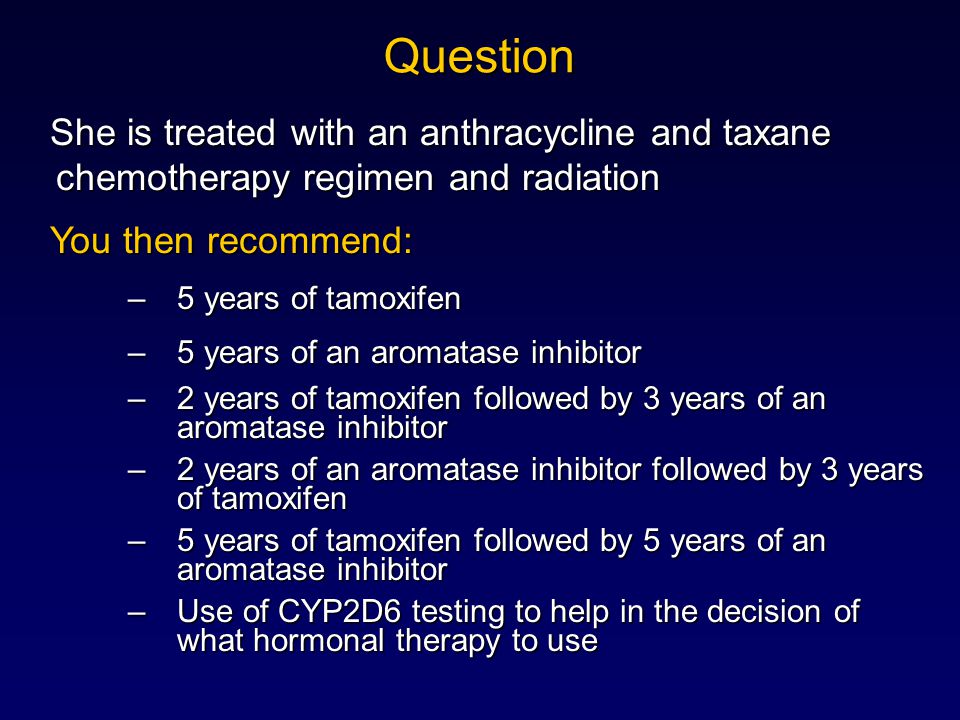 Question She is treated with an anthracycline and taxane chemotherapy regimen and radiation You then recommend: –5 years of tamoxifen –5 years of an aromatase inhibitor –2 years of tamoxifen followed by 3 years of an aromatase inhibitor –2 years of an aromatase inhibitor followed by 3 years of tamoxifen –5 years of tamoxifen followed by 5 years of an aromatase inhibitor –Use of CYP2D6 testing to help in the decision of what hormonal therapy to use