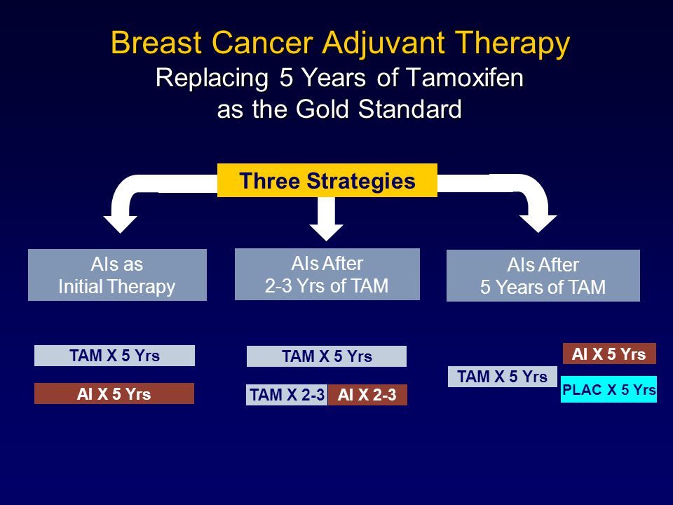 Breast Cancer Adjuvant Therapy Replacing 5 Years of Tamoxifen as the Gold Standard AIs as Initial Therapy AIs After 2-3 Yrs of TAM AIs After 5 Years of TAM TAM X 5 Yrs AI X 5 Yrs TAM X 2-3AI X 2-3 TAM X 5 Yrs PLAC X 5 Yrs AI X 5 Yrs Three Strategies