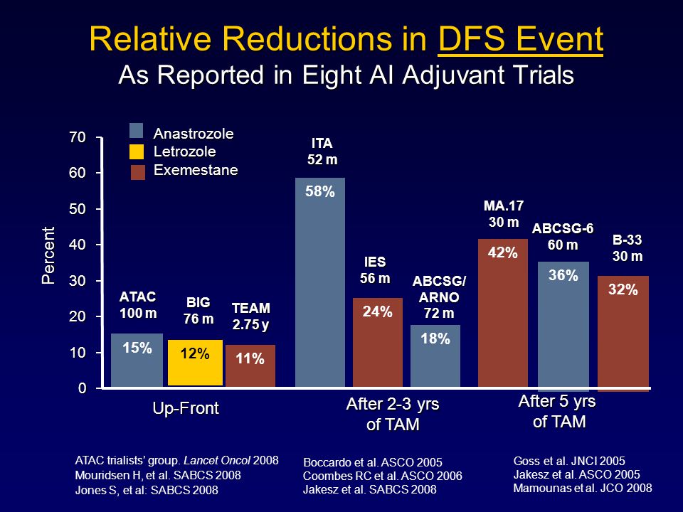 Relative Reductions in DFS Event As Reported in Eight AI Adjuvant Trials Percent % IES 56 m ITA 52 m After 2-3 yrs of TAM 58% 18% ABCSG/ARNO 72 m Boccardo et al.