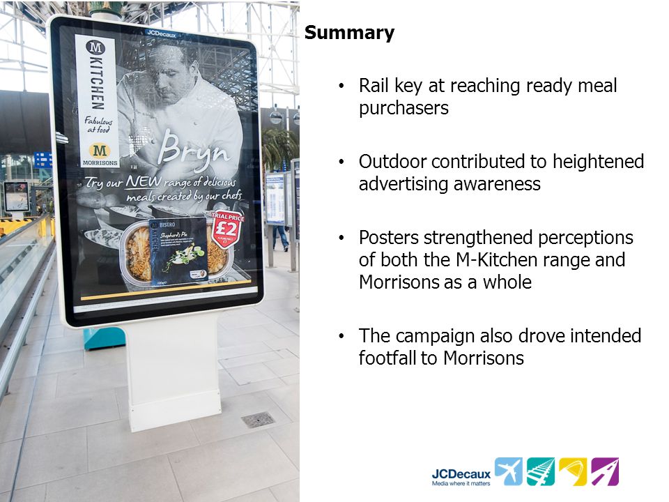 Summary Rail key at reaching ready meal purchasers Outdoor contributed to heightened advertising awareness Posters strengthened perceptions of both the M-Kitchen range and Morrisons as a whole The campaign also drove intended footfall to Morrisons