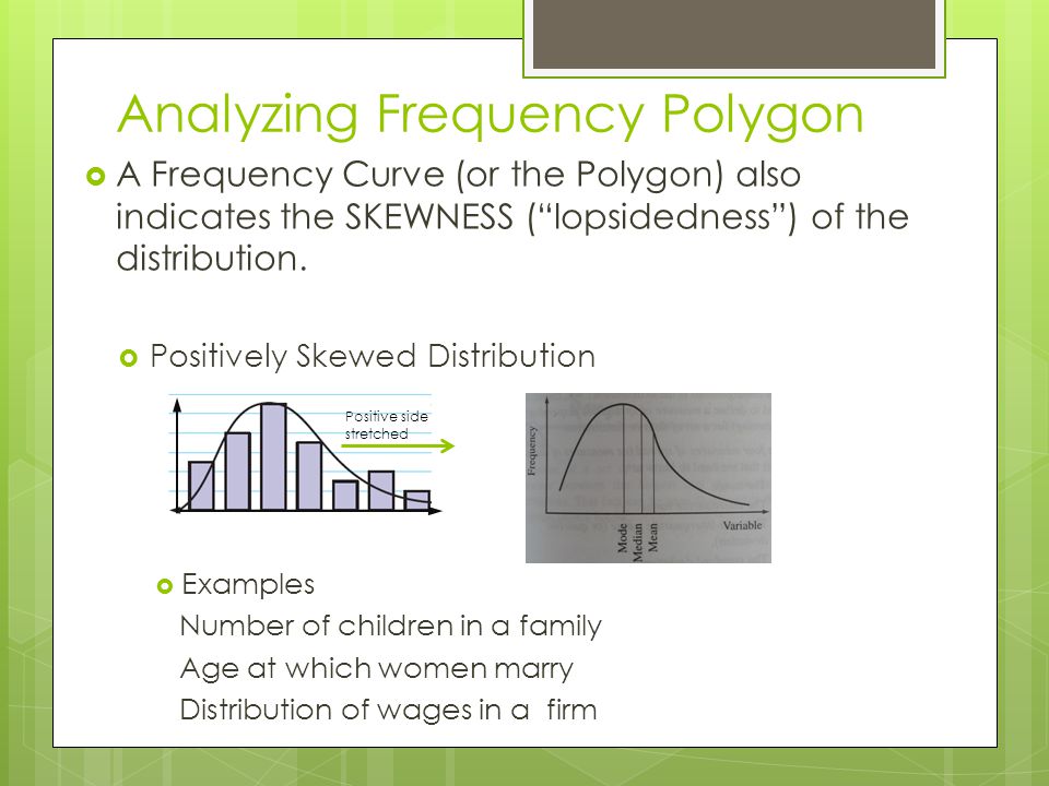 Analyzing Frequency Polygon  A Frequency Curve (or the Polygon) also indicates the SKEWNESS ( lopsidedness ) of the distribution.