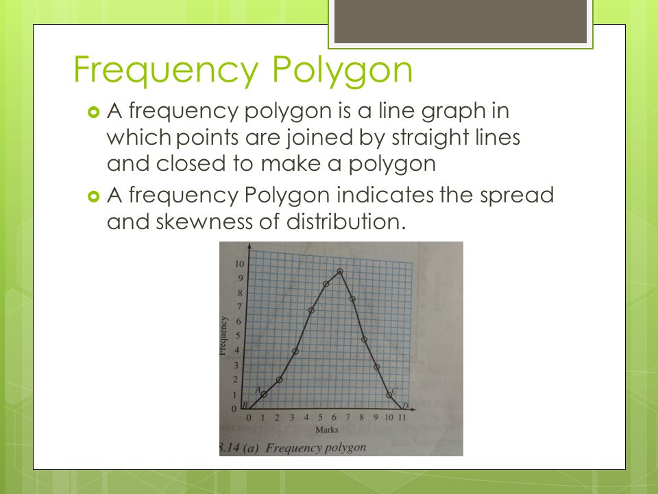  A frequency polygon is a line graph in which points are joined by straight lines and closed to make a polygon  A frequency Polygon indicates the spread and skewness of distribution.