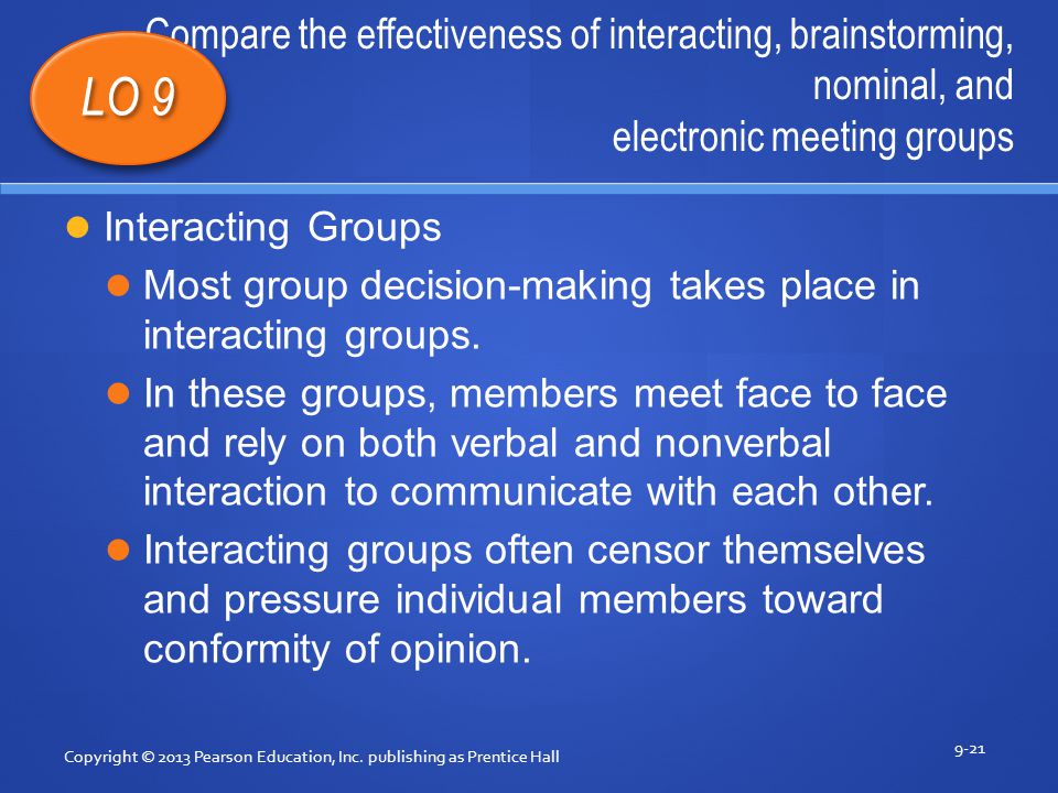 1 how effective are interacting brainstorming nominal and electronic meeting groups As an idea-generating technique, group brainstorming may not be any more effective than individual brainstorming however, the technique is in widespread use today in all types of organizations nominal group technique another technique that can be used in group decision making, which incorporates some of the features of brainstorming, is the. 1 how effective are interacting brainstorming nominal and electronic meeting groups As an idea-generating technique, group brainstorming may not be any more effective than individual brainstorming however, the technique is in widespread use today in all types of organizations nominal group technique another technique that can be used in group decision making, which incorporates some of the features of brainstorming, is the.