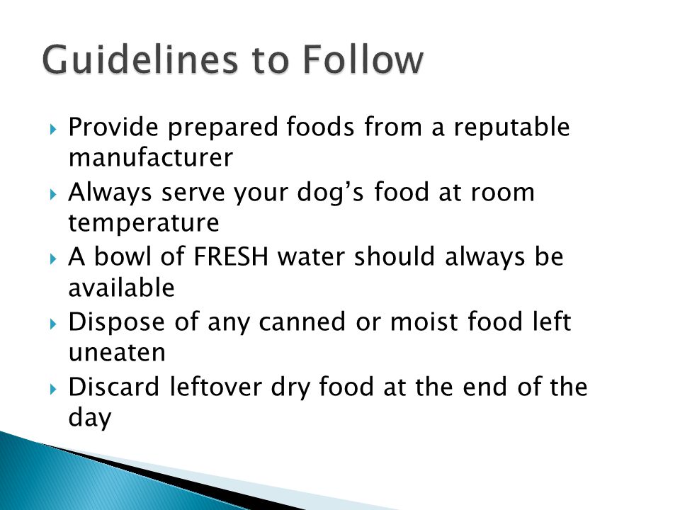  Provide prepared foods from a reputable manufacturer  Always serve your dog’s food at room temperature  A bowl of FRESH water should always be available  Dispose of any canned or moist food left uneaten  Discard leftover dry food at the end of the day