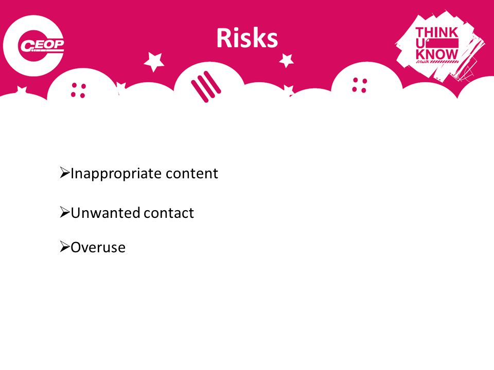 Risks  Inappropriate content  Unwanted contact  Overuse