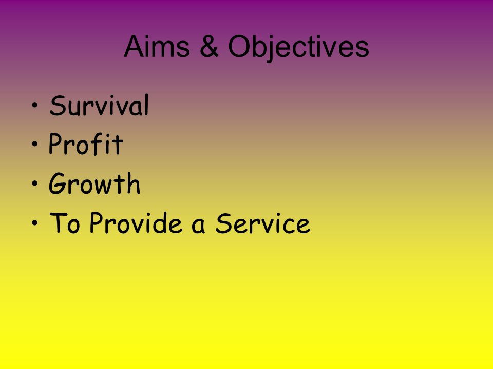 Aims & Objectives Survival Profit Growth To Provide a Service
