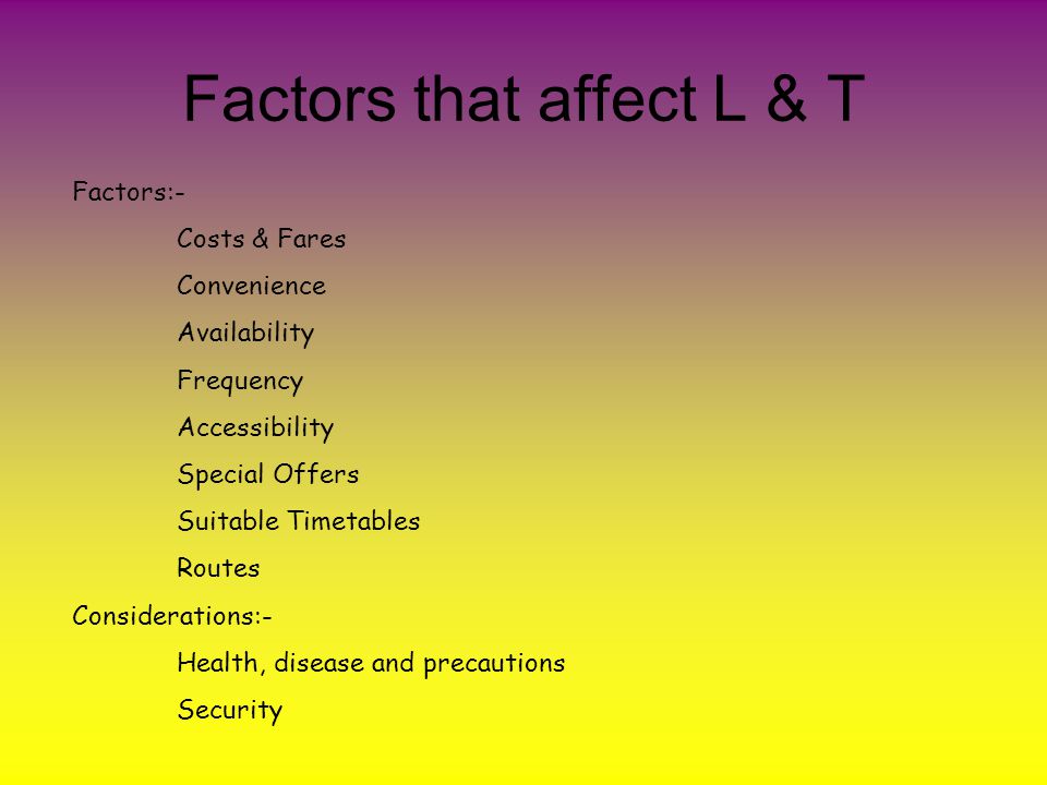 Factors that affect L & T Factors:- Costs & Fares Convenience Availability Frequency Accessibility Special Offers Suitable Timetables Routes Considerations:- Health, disease and precautions Security