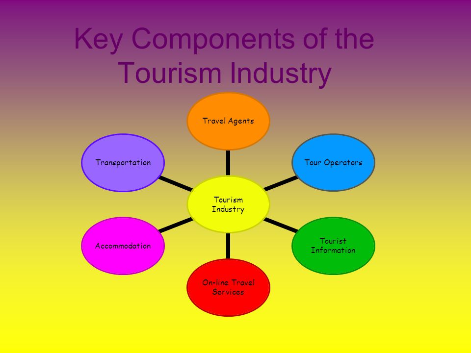 Key Components of the Tourism Industry Tourism Industry Travel AgentsTour Operators Tourist Information On-line Travel Services AccommodationTransportation