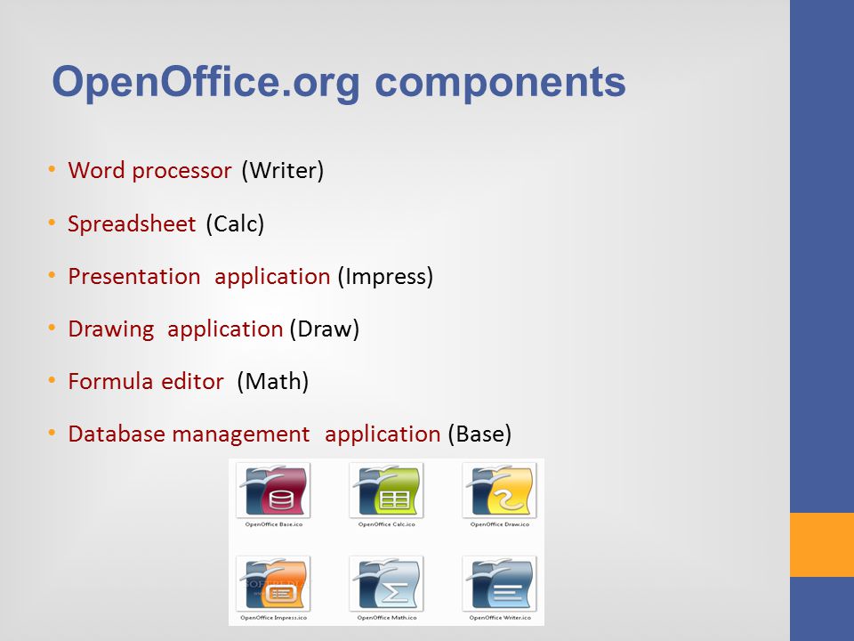 OpenOffice.org components Word processor (Writer) Spreadsheet (Calc) Presentation application (Impress) Drawing application (Draw) Formula editor (Math) Database management application (Base)