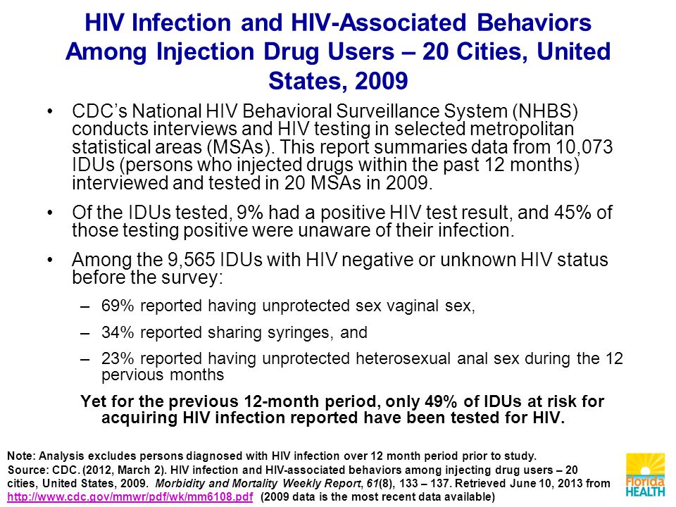 HIV Infection and HIV-Associated Behaviors Among Injection Drug Users – 20 Cities, United States, 2009 CDC’s National HIV Behavioral Surveillance System (NHBS) conducts interviews and HIV testing in selected metropolitan statistical areas (MSAs).