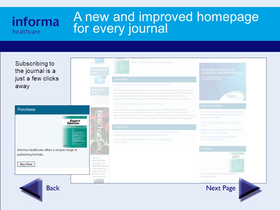 A new and improved homepage for every journal Subscribing to the journal is a just a few clicks away