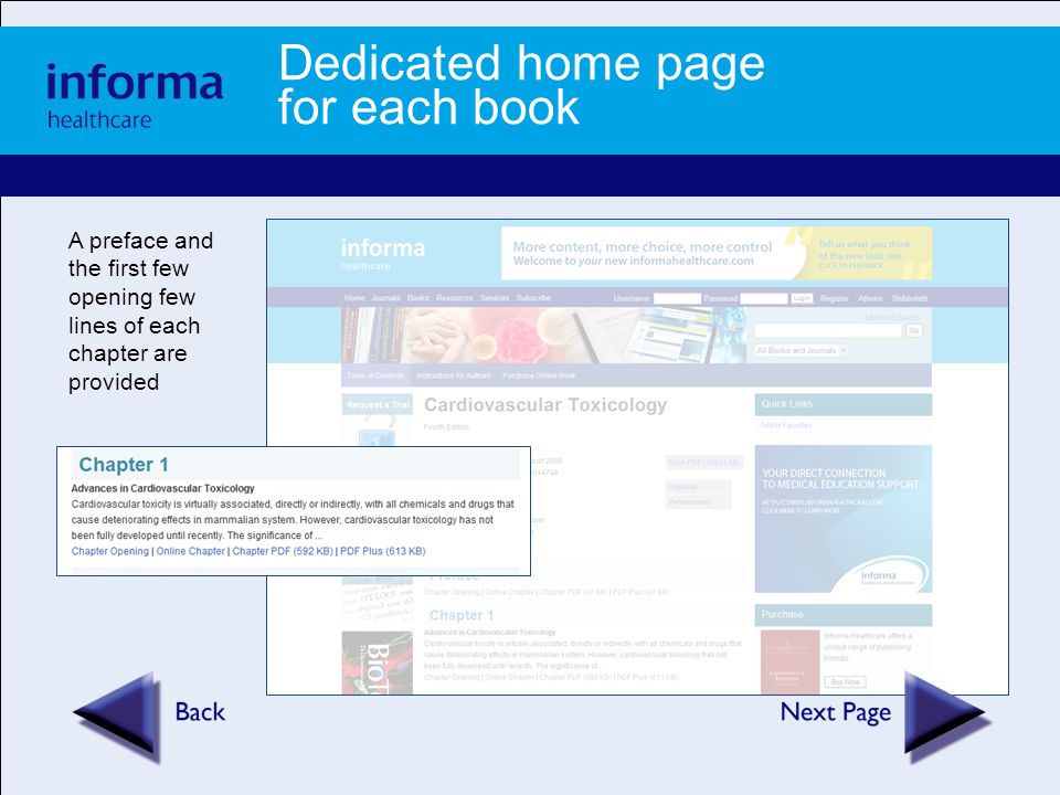 Dedicated home page for each book A preface and the first few opening few lines of each chapter are provided
