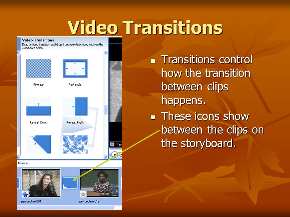 Video Transitions Transitions control how the transition between clips happens.