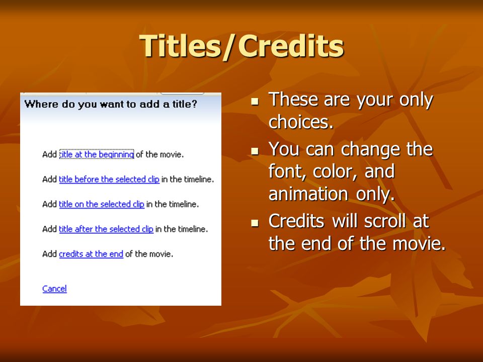 Titles/Credits These are your only choices. These are your only choices.