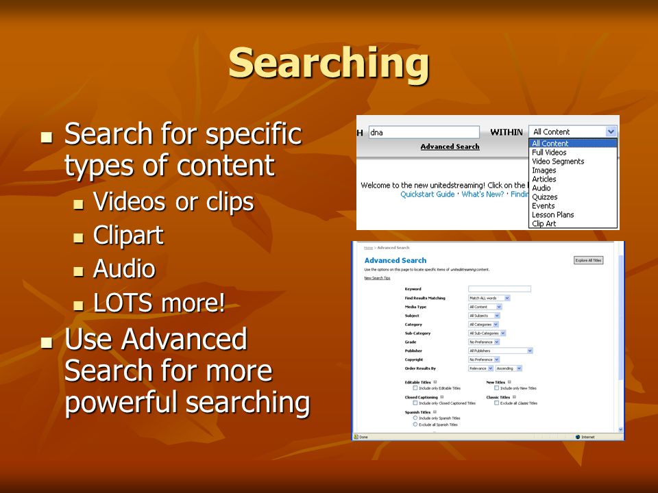 Searching Search for specific types of content Search for specific types of content Videos or clips Videos or clips Clipart Clipart Audio Audio LOTS more.