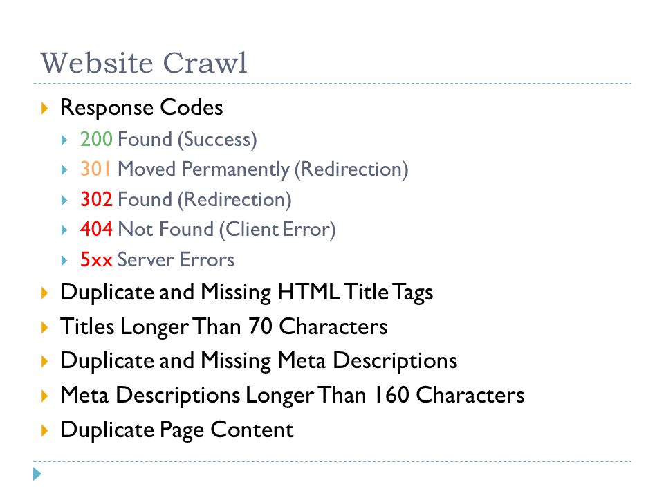 Website Crawl  Response Codes  200 Found (Success)  301 Moved Permanently (Redirection)  302 Found (Redirection)  404 Not Found (Client Error)  5xx Server Errors  Duplicate and Missing HTML Title Tags  Titles Longer Than 70 Characters  Duplicate and Missing Meta Descriptions  Meta Descriptions Longer Than 160 Characters  Duplicate Page Content