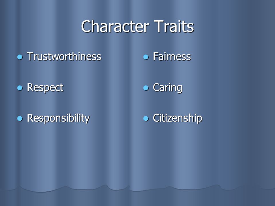 Character Traits Trustworthiness Trustworthiness Respect Respect Responsibility Responsibility Fairness Fairness Caring Caring Citizenship Citizenship