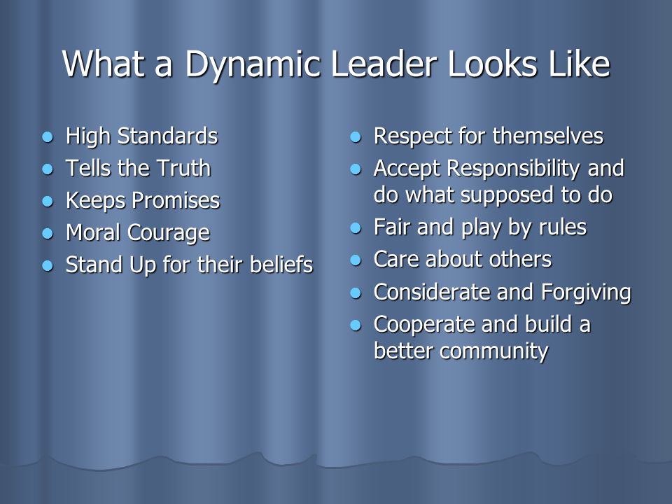 What a Dynamic Leader Looks Like High Standards High Standards Tells the Truth Tells the Truth Keeps Promises Keeps Promises Moral Courage Moral Courage Stand Up for their beliefs Stand Up for their beliefs Respect for themselves Respect for themselves Accept Responsibility and do what supposed to do Accept Responsibility and do what supposed to do Fair and play by rules Fair and play by rules Care about others Care about others Considerate and Forgiving Considerate and Forgiving Cooperate and build a better community Cooperate and build a better community