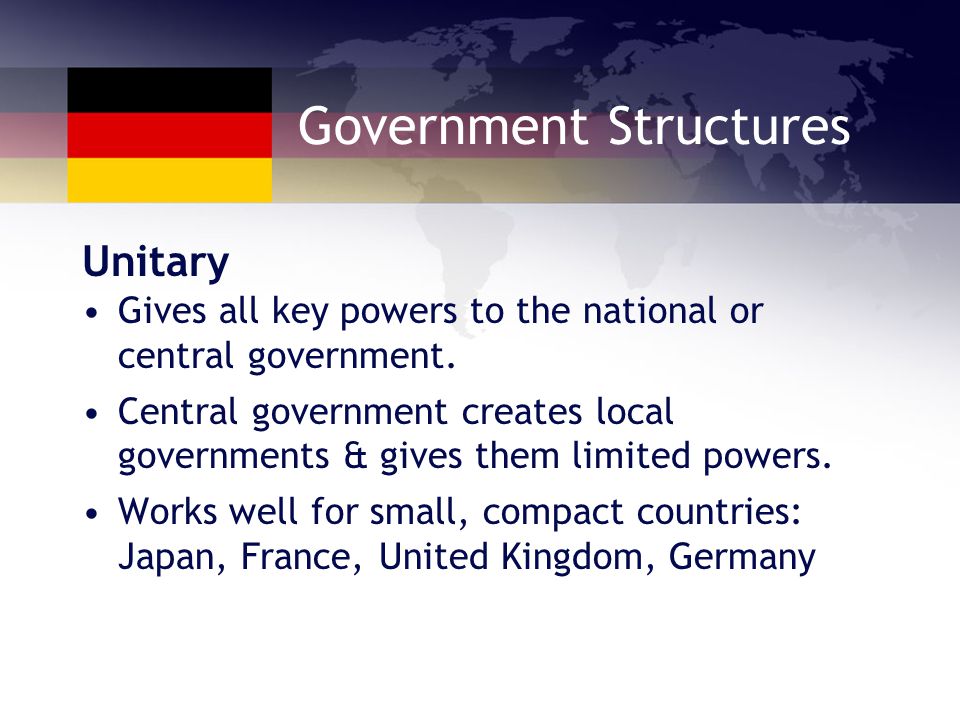 Government Structures Unitary Gives all key powers to the national or central government.