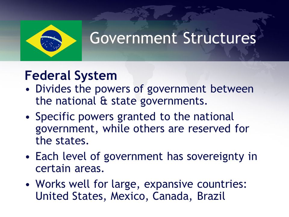 Government Structures Federal System Divides the powers of government between the national & state governments.
