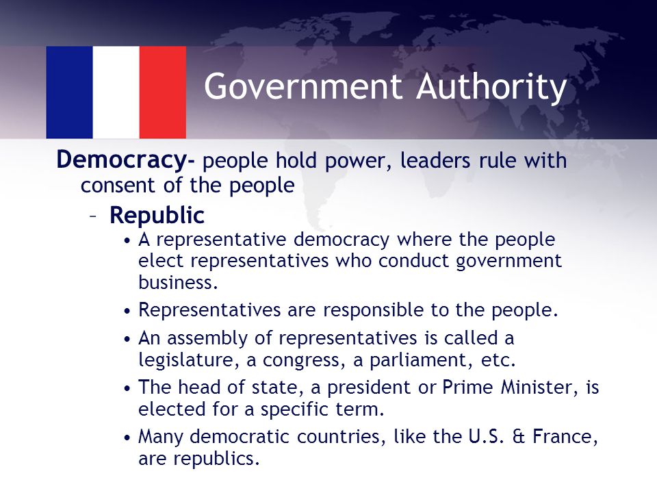 Government Authority Democracy - people hold power, leaders rule with consent of the people –Republic A representative democracy where the people elect representatives who conduct government business.