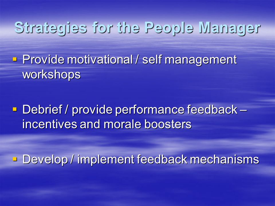 Strategies for the People Manager  Provide motivational / self management workshops  Debrief / provide performance feedback – incentives and morale boosters  Develop / implement feedback mechanisms