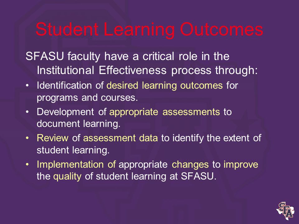 Student Learning Outcomes What should an SFASU graduate in _______ know and be able to do.