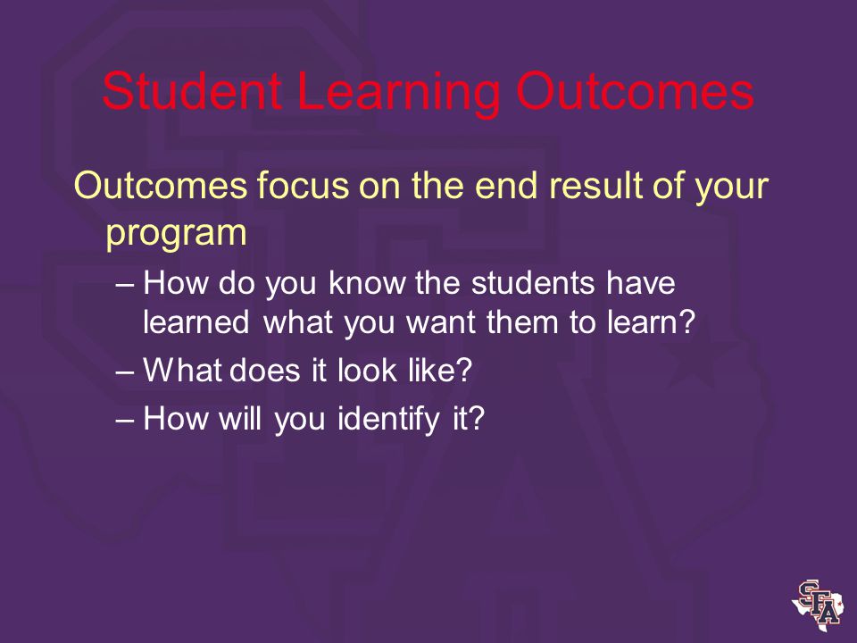 Student Learning Outcomes Outcomes are: –Measurable or observable, –Manageable, and –Meaningful