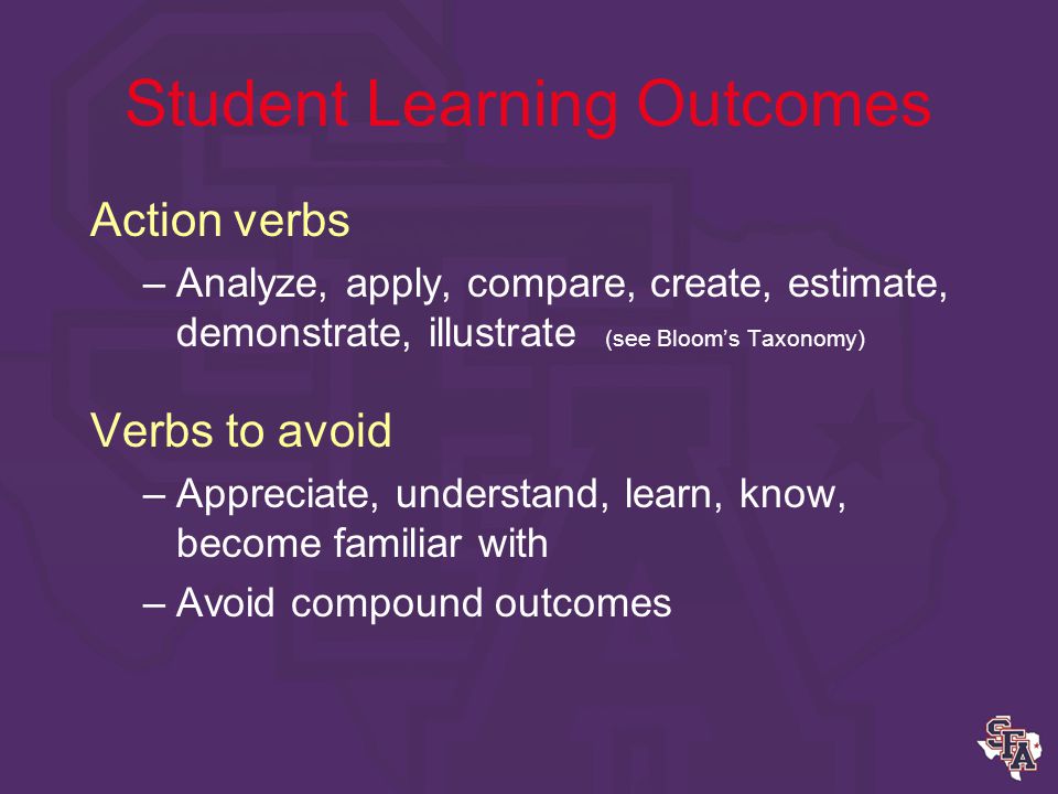 Student Learning Outcomes Use simple, specific action verbs to describe what the students are expected to demonstrate upon completion of your program.