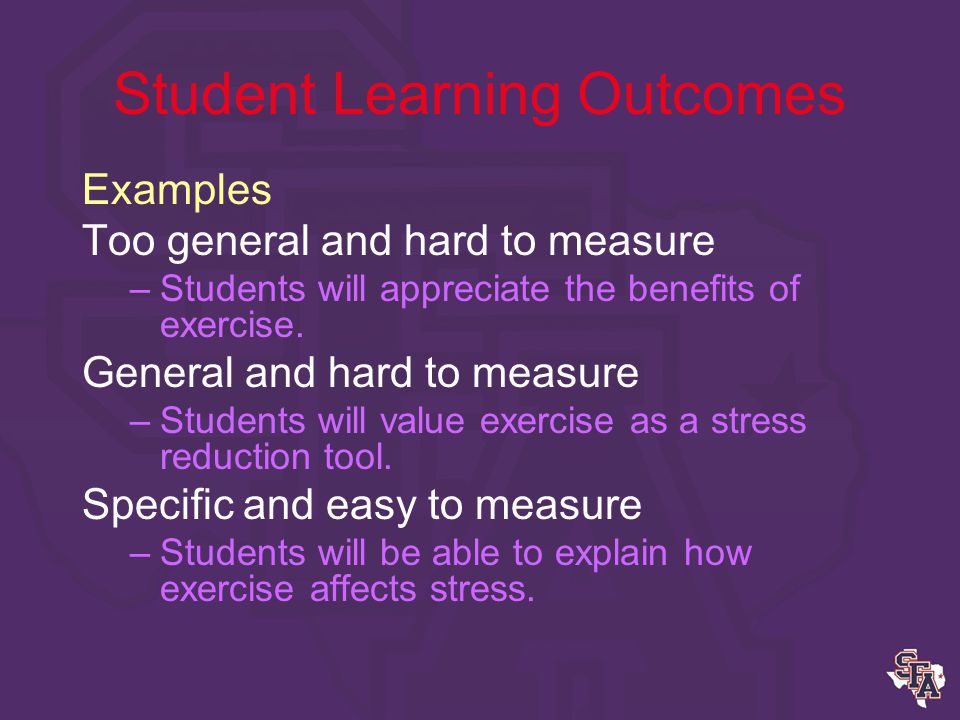 Student Learning Outcomes Evaluate the learning outcomes with these questions Can it be measured.