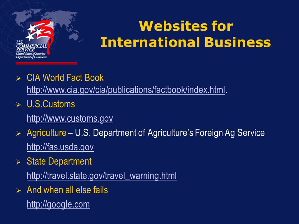 Websites for International Business  CIA World Fact Book