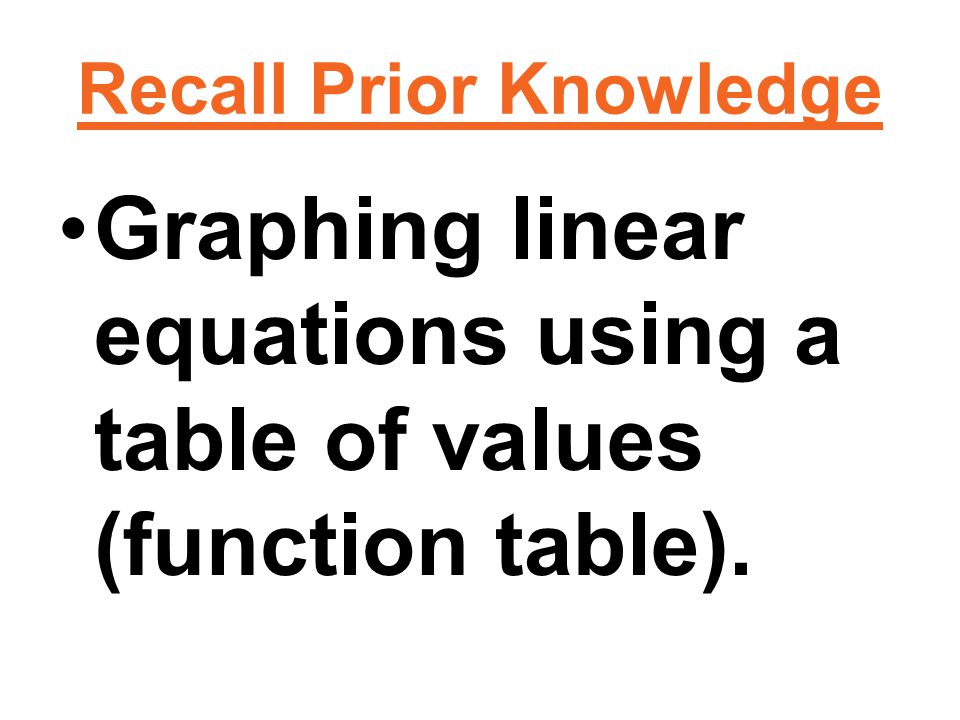 Recall Prior Knowledge Graphing linear equations using a table of values (function table).
