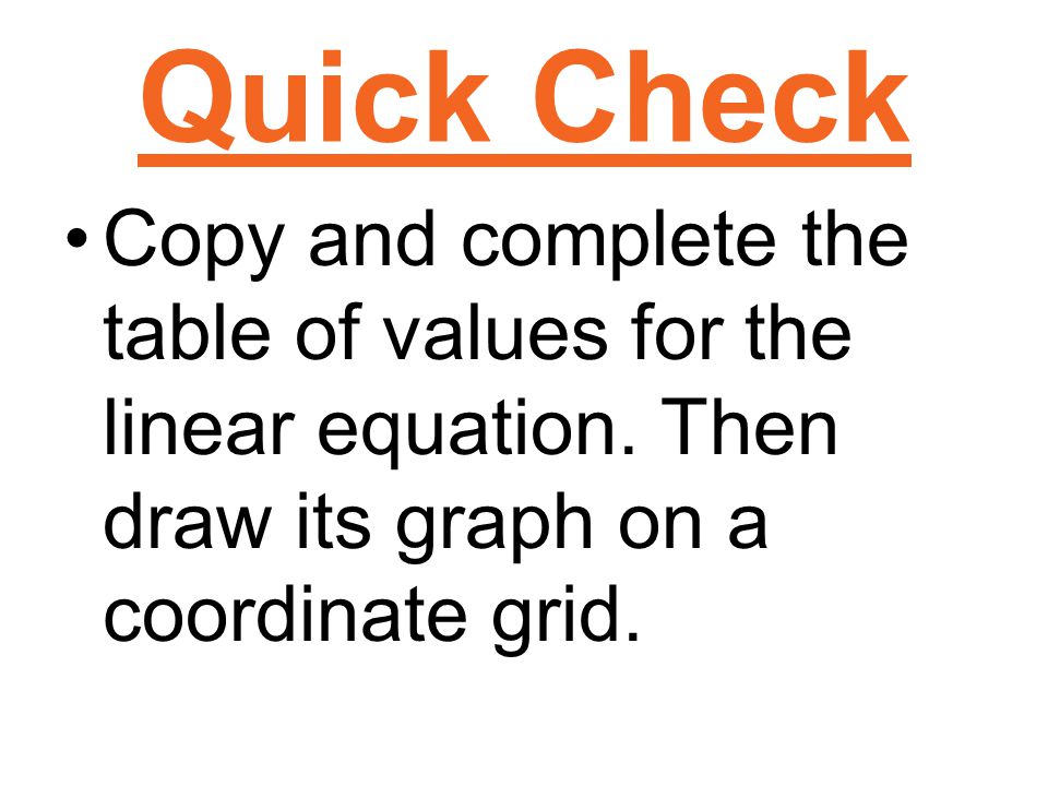 Quick Check Copy and complete the table of values for the linear equation.
