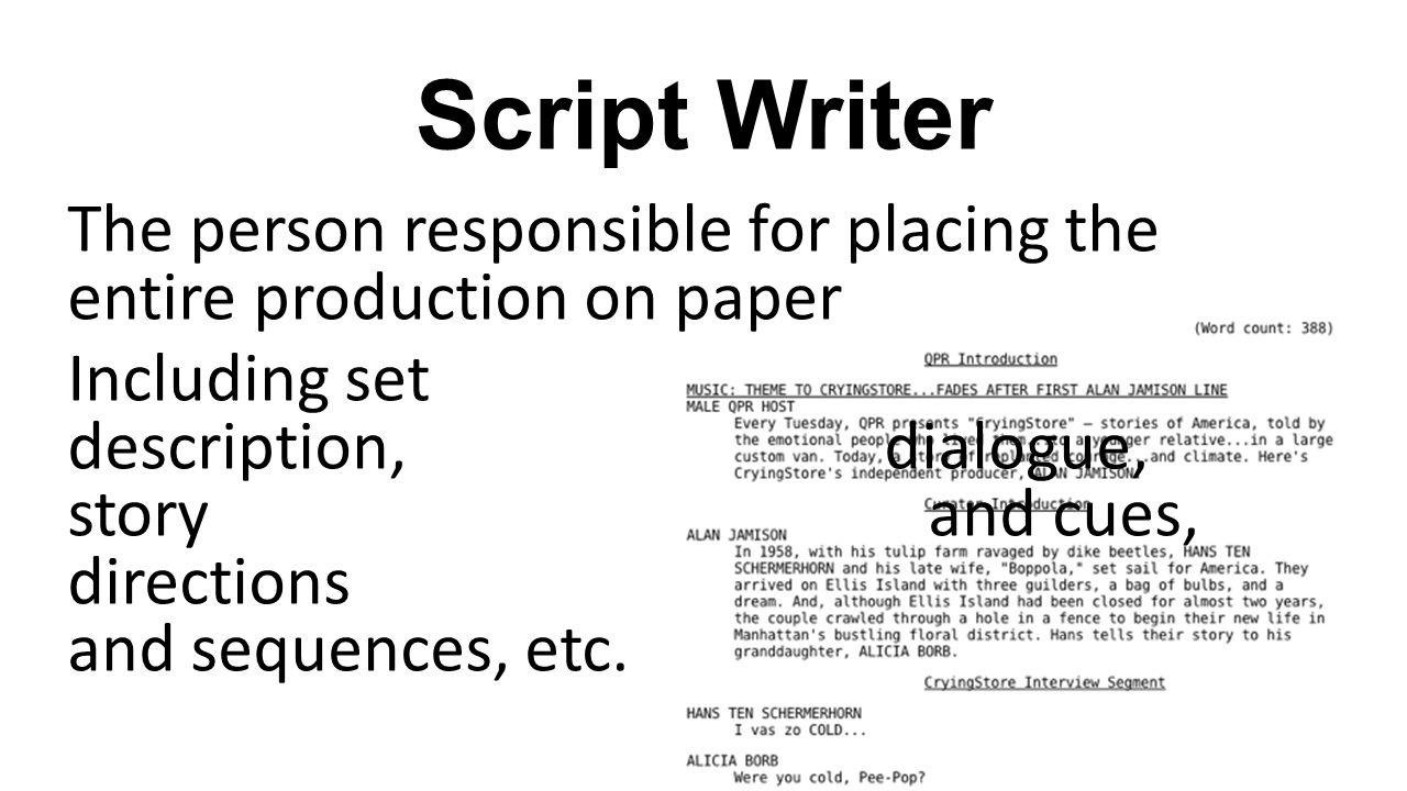 Script Writer The person responsible for placing the entire production on paper Including set description, dialogue, story and cues, directions and sequences, etc.