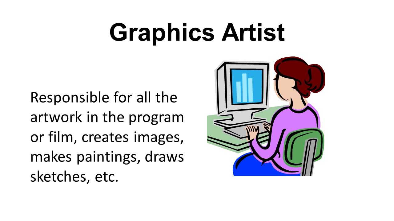 Graphics Artist Responsible for all the artwork in the program or film, creates images, makes paintings, draws sketches, etc.