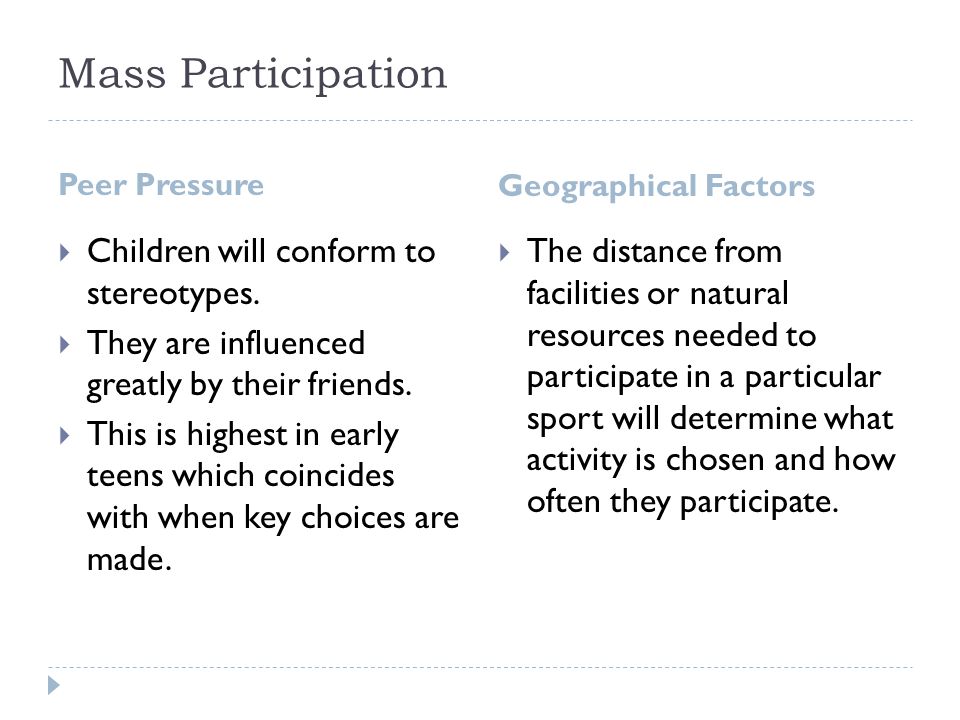 Mass Participation Peer Pressure Geographical Factors  Children will conform to stereotypes.