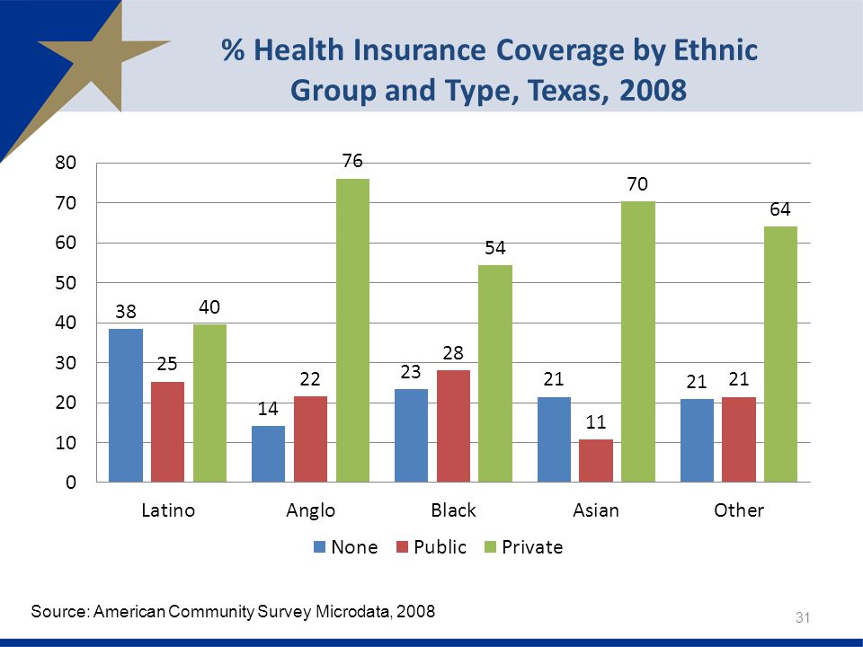 Source: American Community Survey Microdata, 2008 % Health Insurance Coverage by Ethnic Group and Type, Texas,