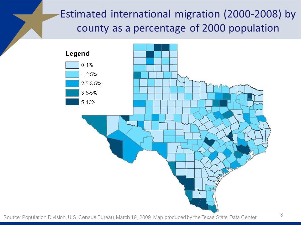 Estimated international migration ( ) by county as a percentage of 2000 population 8 Source: Population Division, U.S.